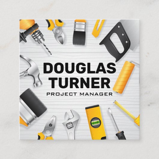 Gebäude-Tools auf Holztisch Quadratische Visitenkarte (Vorderseite)