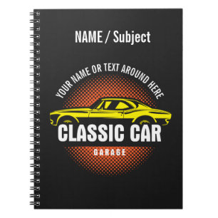 Geben Sie den Namen Text Yellow Classic Car Notebo Notizblock