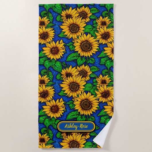 Geben Sie goldene Sonnenblumen und Blätter auf Dun Strandtuch (Vorderseite)