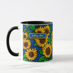 Geben Sie goldene Sonnenblumen und Blätter auf Dun Tasse
