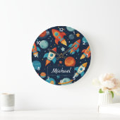 Geben Sie Ihren Namen Coolen Raketenschiff Platz u Große Wanduhr (Zuhause)