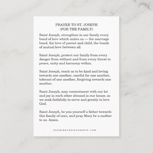 Gebet an St. Joseph für die Familie Religious Visitenkarte (Rückseite)