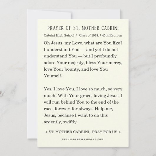 Gebet der Heiligen Mutter Cabrini Einladung (Rückseite)