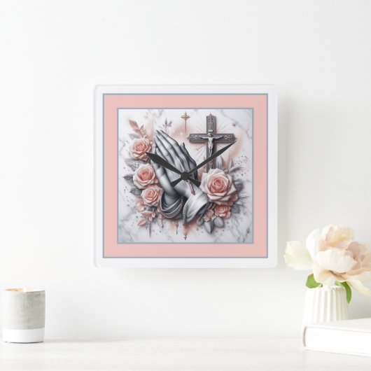 Gebet-Hände, Kruzifix und Rose Quadratische Wanduhr (Zuhause)