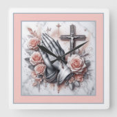 Gebet-Hände, Kruzifix und Rose Quadratische Wanduhr (Vorderseite)