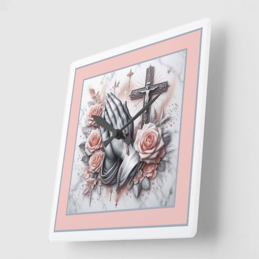 Gebet-Hände, Kruzifix und Rose Quadratische Wanduhr (Winkel)