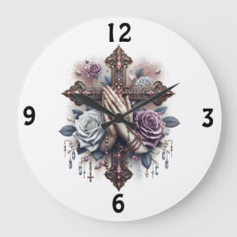 Gebet Hände mit Rosery, Kreuz, Rose Große Wanduhr