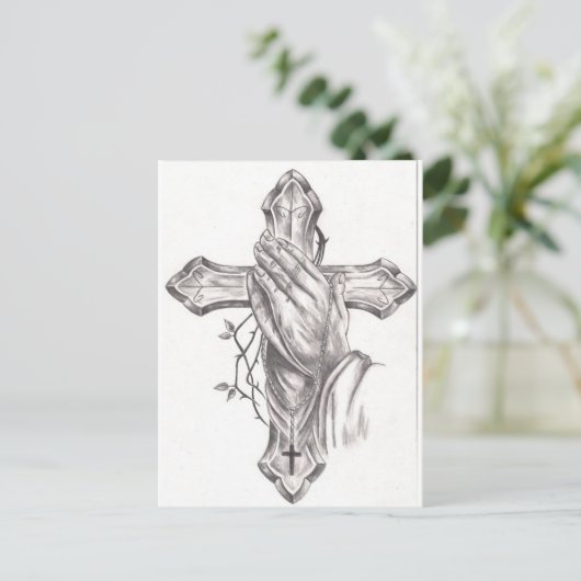 Gebet Hände und Kreuz Postkarte (Stehend Vorderseite)