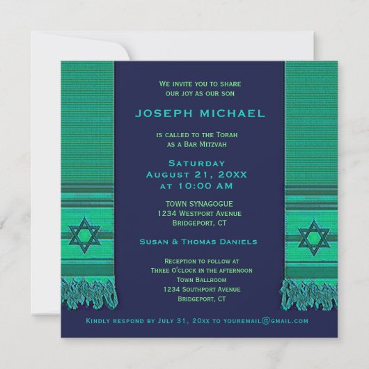 Gebet Shawl Blue und Green Bar Mitzvah Einladung (Vorderseite)