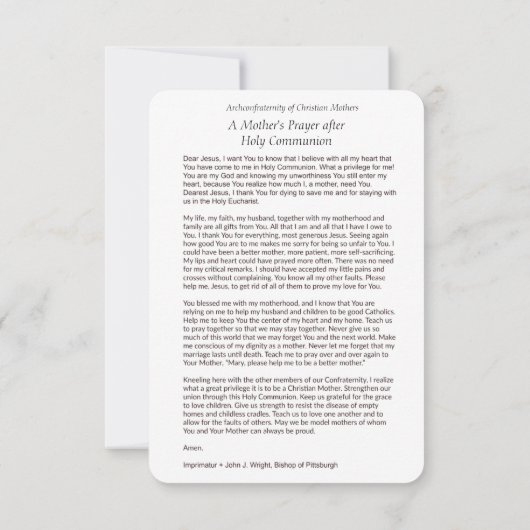 Gebete der katholischen Mutter nach der heiligen K Dankeskarte (Rückseite)