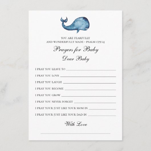 Gebete für das Baby. Blauwale wünscht sich. Tier.  Begleitkarte (Vorderseite)