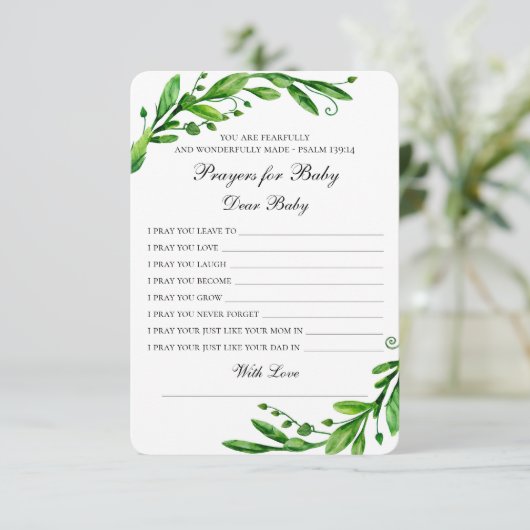 Gebete für das Baby. Grüne botanische Wünsche. Grü Hinweiskarte (Stehend Vorderseite)