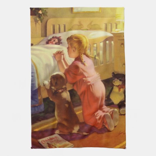 Gebete im Bett, Mädchen mit Welpe, Vintage Religio Geschirrtuch (Vertikal)