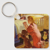 Gebete im Bett, Mädchen mit Welpe, Vintage Religio Schlüsselanhänger (Vorderseite)