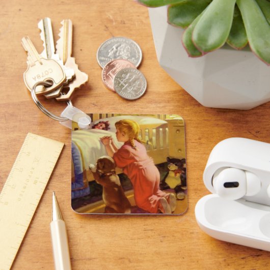 Gebete im Bett, Mädchen mit Welpe, Vintage Religio Schlüsselanhänger (Schreibtisch)