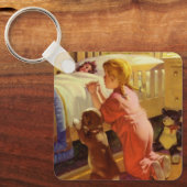 Gebete im Bett, Mädchen mit Welpe, Vintage Religio Schlüsselanhänger (Vorderseite)