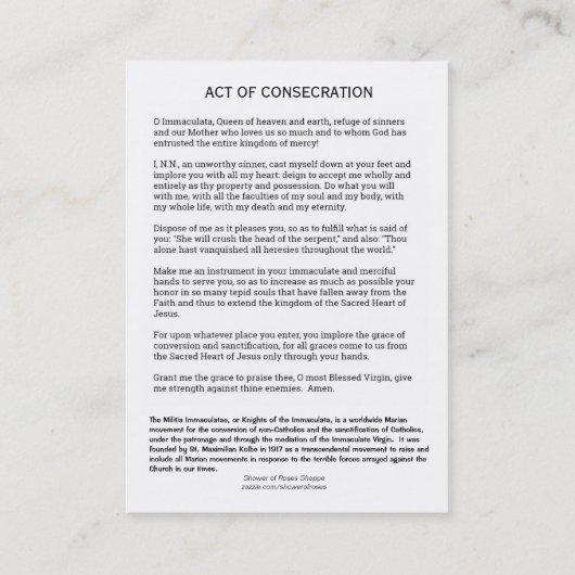 Gebets-heilige Karte St. Maximilian Kolbe (Rückseite)