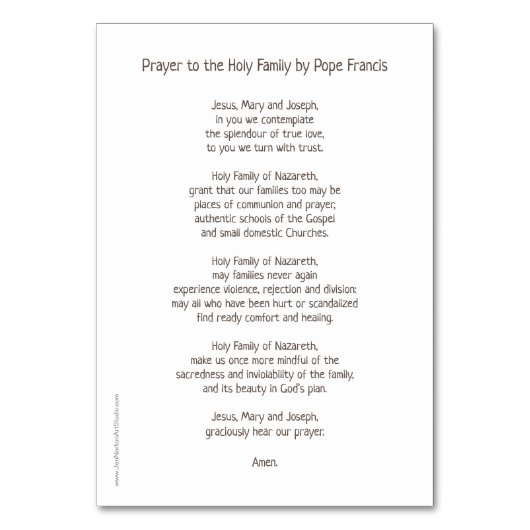 Gebetskarte der Heiligen Familie Tischnummer (Rückseite)