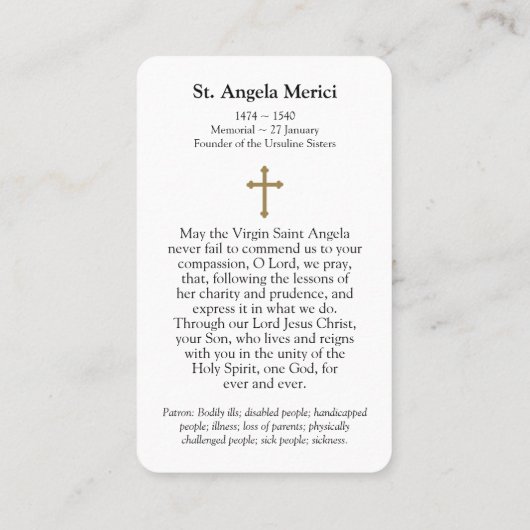 Gebetskarte | St Angela Merici Visitenkarte (Rückseite)