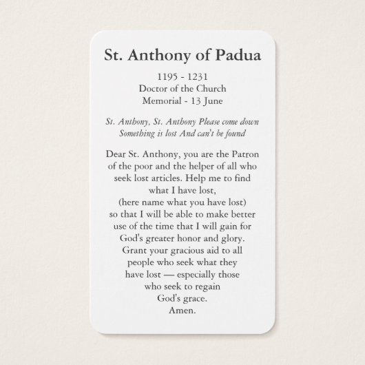 Gebetskarte | St. Anthony Padua (Rückseite)