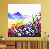 Gebiet der Wildblumen am Fuße eines Berges Leinwanddruck (Insitu (Wohnzimmer))