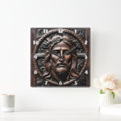 Gebildetes Jesusportrait mit Verziertem Hintergrun Quadratische Wanduhr (Zuhause)