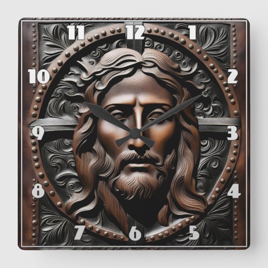 Gebildetes Jesusportrait mit Verziertem Hintergrun Quadratische Wanduhr (Vorderseite)