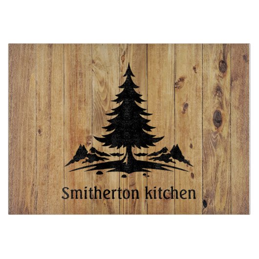 Gebirge Bäume Rustikale Holz Familie Name Glas Schneidebrett (Vorderseite)