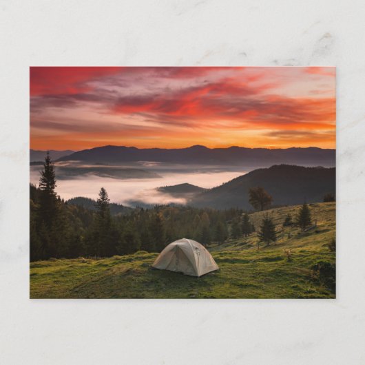 Gebirge | Camping Foggy Sunrise Postkarte (Vorderseite)