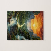 Gebirge mit Wasserfällen und glühender Sonnenschau Puzzle (Horizontal)