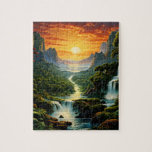 Gebirge mit Wasserfällen und glühender Sonnenschau Puzzle