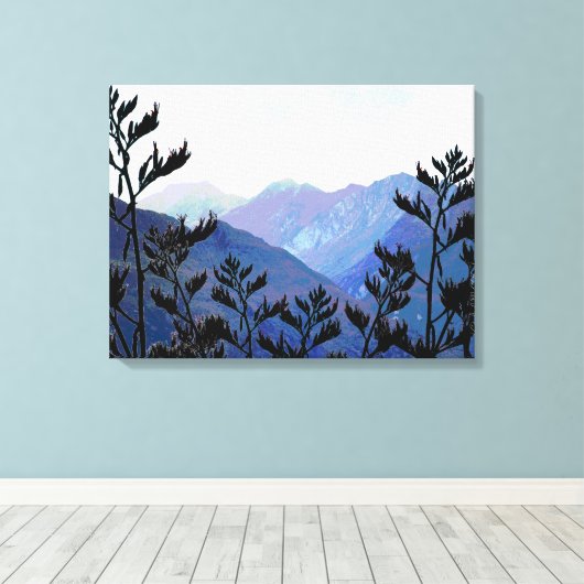 Gebirge und Flachs, neuseeländischer Pop Leinwanddruck (Insitu (Holzboden))