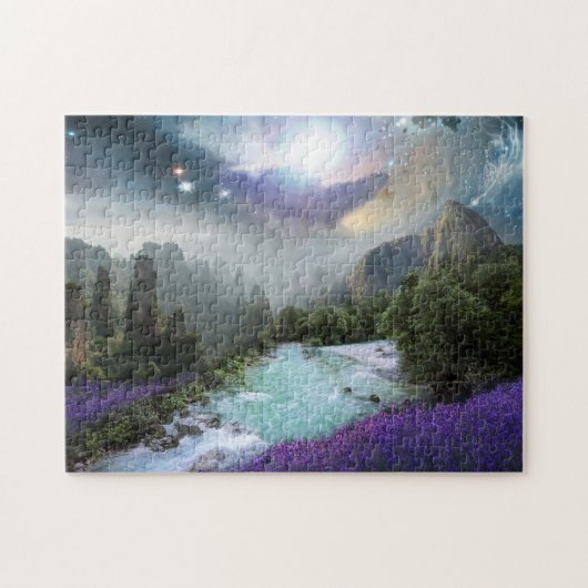 Gebirge und Stream mit Foto aus violetten Blumen Puzzle (Horizontal)