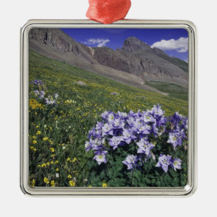 Gebirge und Wildblumen auf Almwiesen, blau Silbernes Ornament