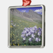 Gebirge und Wildblumen auf Almwiesen, blau Silbernes Ornament (Links)