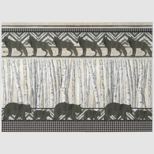 Gebirgsbärenwolf-Birkenbaum überprüft Decoupage Seidenpapier (Vorderseite)