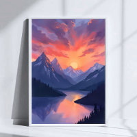 Gebirgskette Sunset | Wasserfarbener See Landschaf