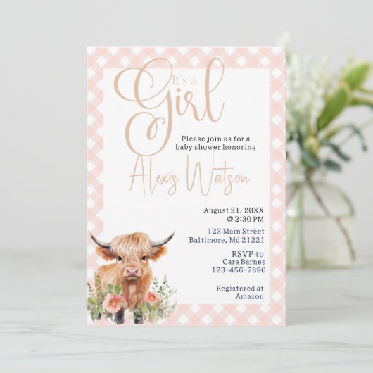 Gebirgskuh, Blütendusche und Rosa Gingham Einladung (Stehend Vorderseite)