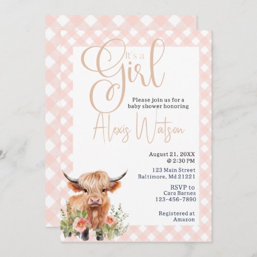 Gebirgskuh, Blütendusche und Rosa Gingham Einladung (Vorne/Hinten)
