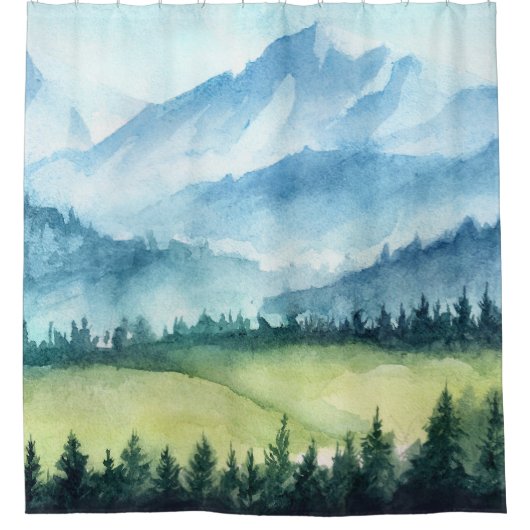 Gebirgslandschaft, künstlerische Aquarellmalerei Duschvorhang (Vorderseite)