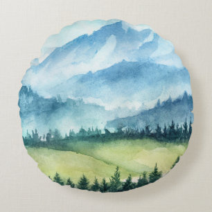 Gebirgslandschaft, künstlerische Aquarellmalerei Rundes Kissen