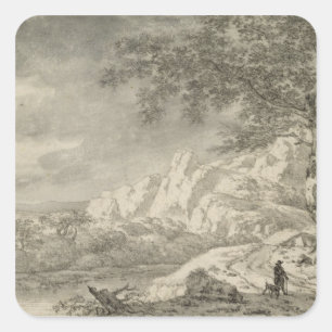 Gebirgslandschaft mit einem Wanderer Quadratischer Aufkleber