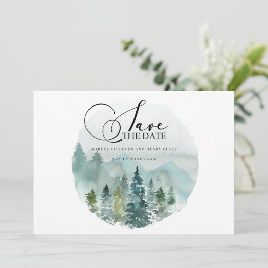 Gebirgslandschaft Wasserfarbenprägung Hochzeit ret Save The Date (Stehend Vorderseite)