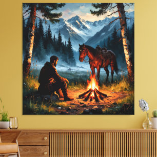 Gebirgswald mit Pferd in der Dämmerung Leinwanddruck