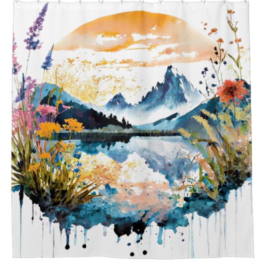Gebirgszene Watercolor Duschvorhang (Vorderseite)
