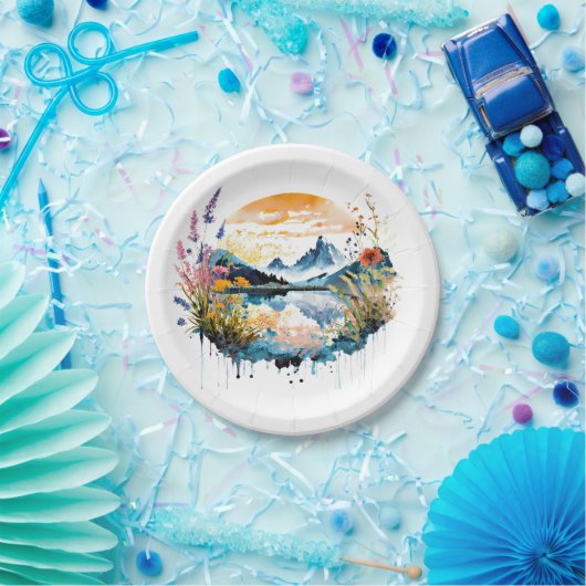 Gebirgszene Watercolor Pappteller (Party)