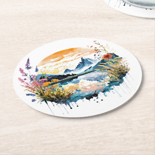 Gebirgszene Watercolor Runder Pappuntersetzer (Angewinkelt)