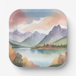 Gebirgszug Luftige Natur Aquarell-Landschaft Pappteller