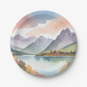Gebirgszug   Luftige Natur Aquarell-Landschaft Pappteller