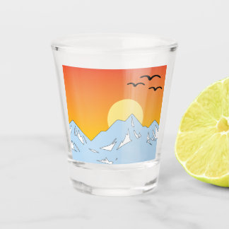 Gebirgszug mit Vögeln Sonnenuntergang Shotglas Schnapsglas